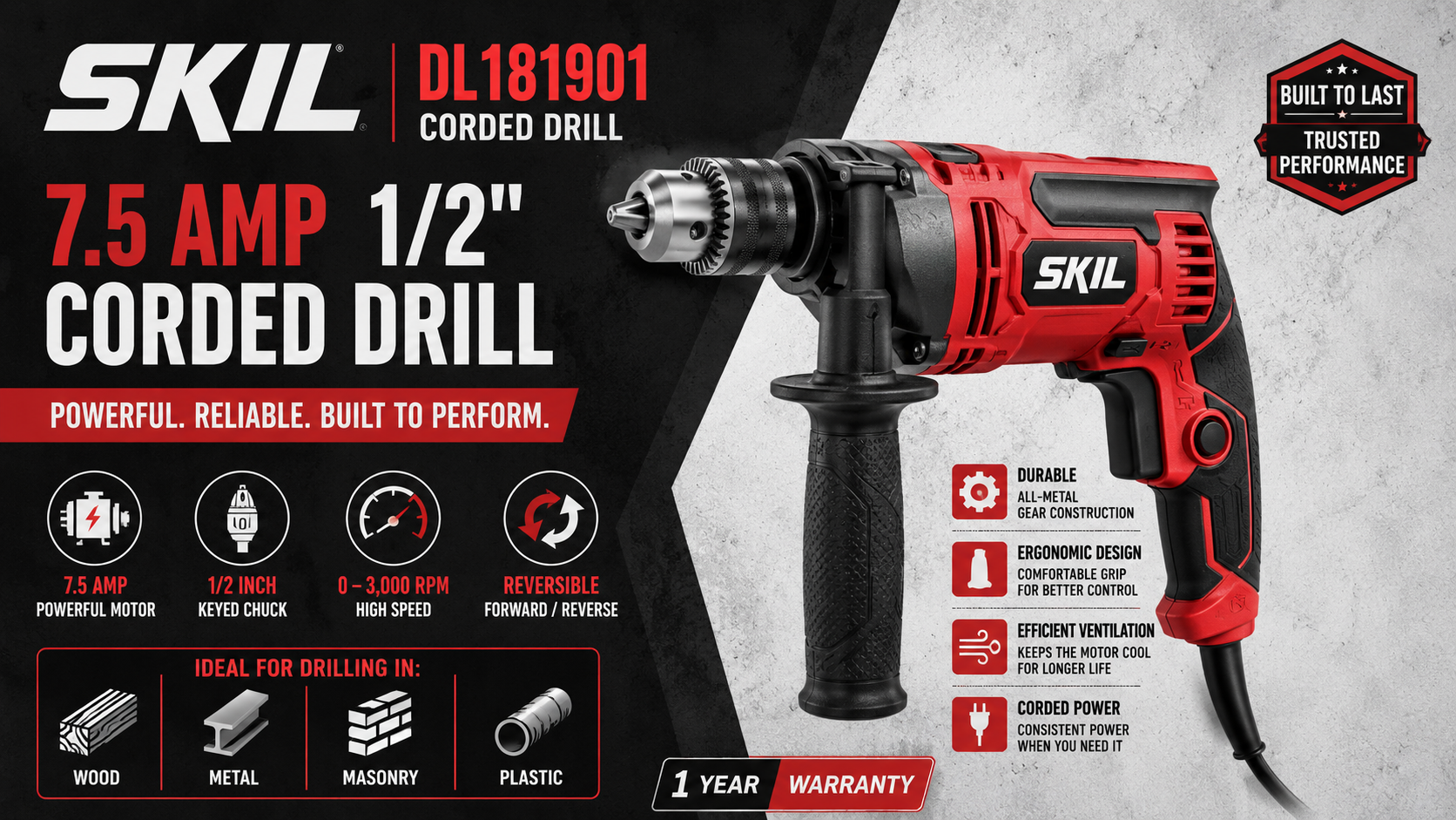 skil dl181901 7.5 amp 1/2" corded drill